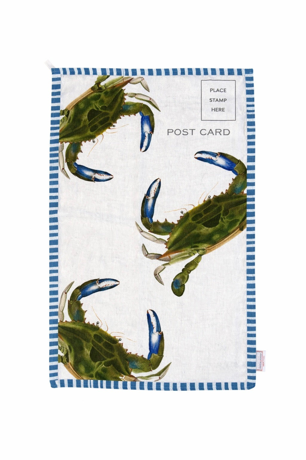 Tea Towel - Pure Linen - Blue Crab Postcard - Vibrant Kitchen Textile