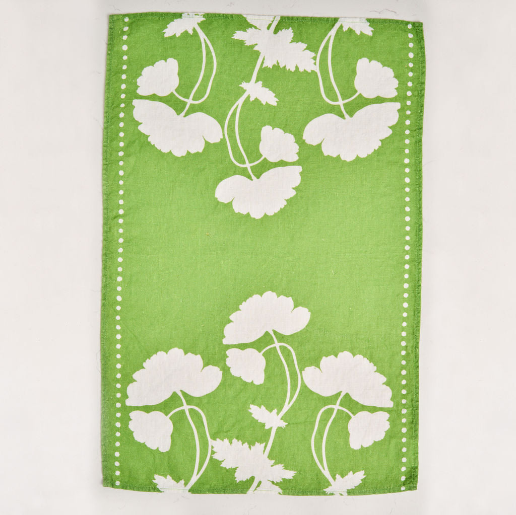 Tea Towel - Pure Linen - Poppy Silhouette Green - Vibrant Kitchen Textile