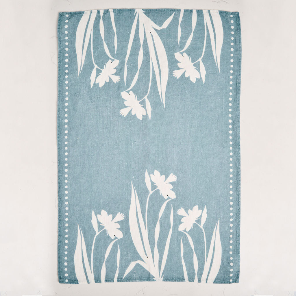 Tea Towel - Pure Linen - Daffodil Silhouette Blue - Vibrant Kitchen Textile