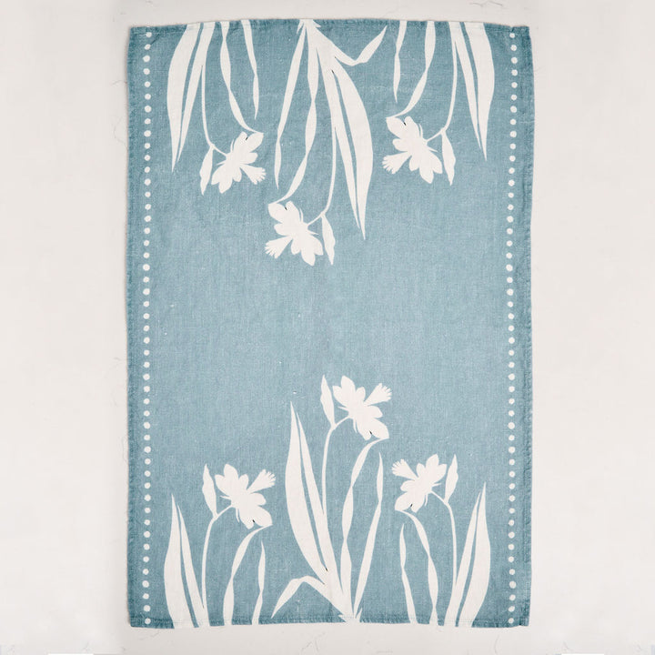 Tea Towel - Pure Linen - Daffodil Silhouette Blue - Vibrant Kitchen Textile