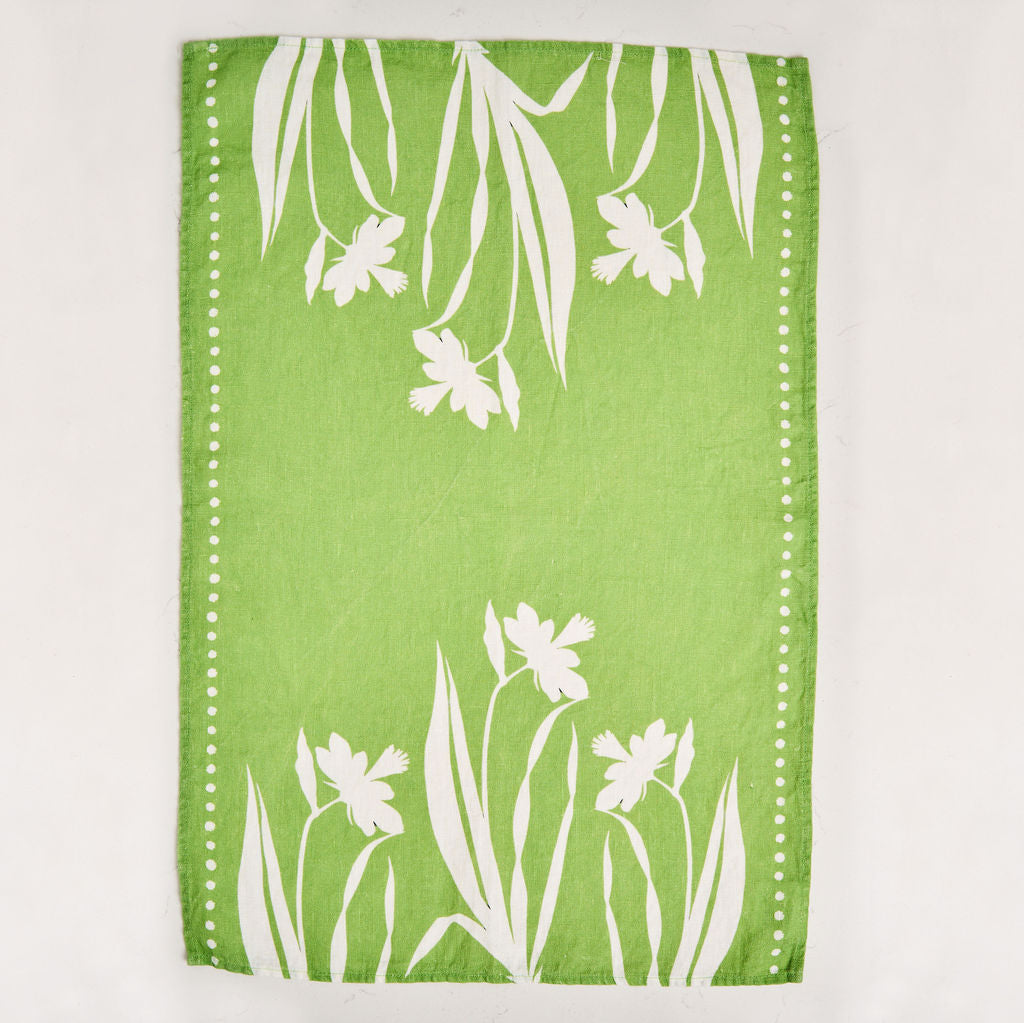 Tea Towel - Pure Linen - Daffodil Silhouette Green - Vibrant Kitchen Textile