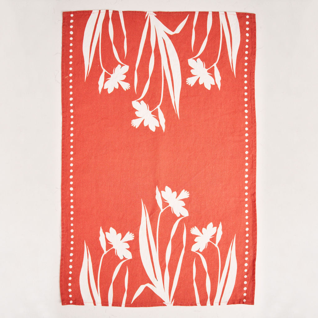 Tea Towel - Pure Linen - Daffodil Silhouette Rouge - Vibrant Kitchen Textile