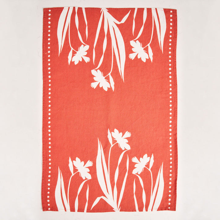 Tea Towel - Pure Linen - Daffodil Silhouette Rouge - Vibrant Kitchen Textile