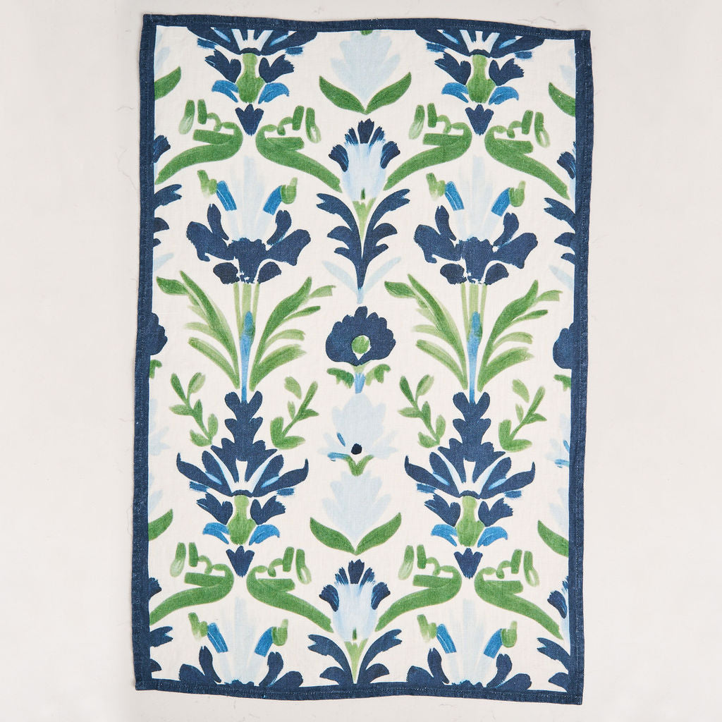 Tea Towel - Pure Linen - Preppy Damask Blue & Green - Vibrant Kitchen Textile
