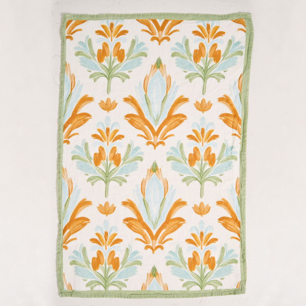 Tea Towel - Pure Linen - Preppy Damask Orange & Green - Vibrant Kitchen Textile