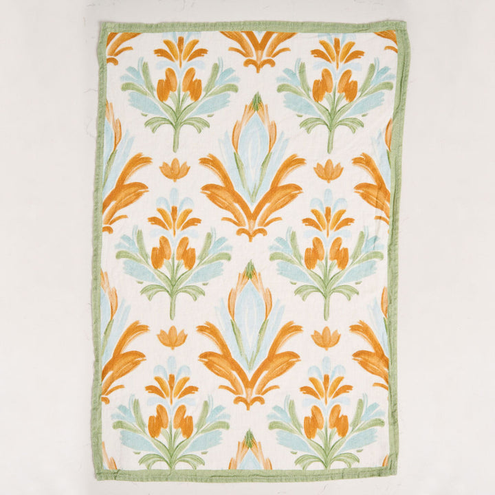 Tea Towel - Pure Linen - Preppy Damask Orange & Green - Vibrant Kitchen Textile