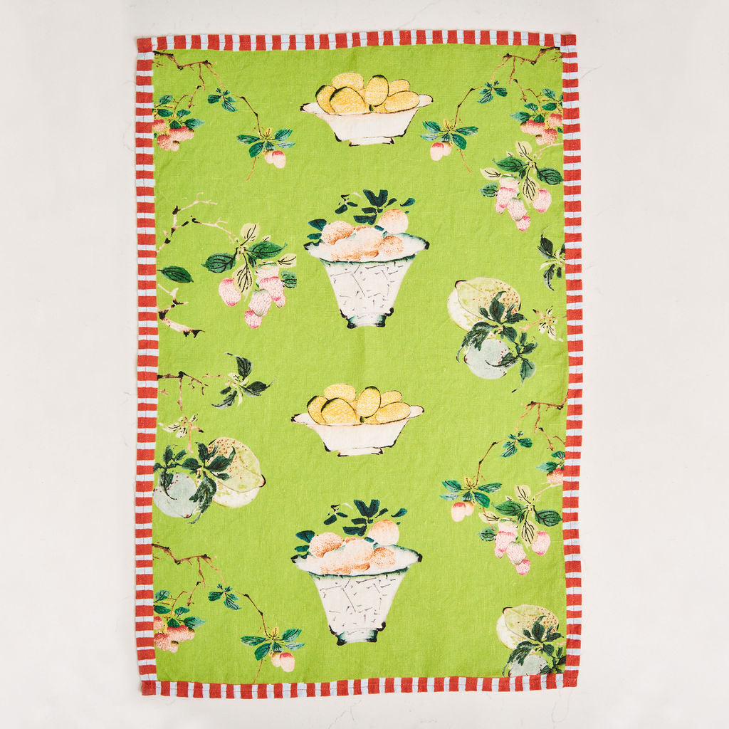Tea Towel - Pure Linen - Fruit Bowl Green - Vibrant Kitchen Textile