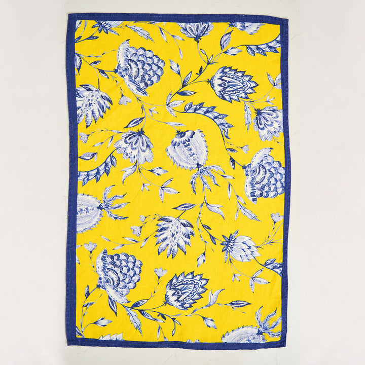 Tea Towel - Pure Linen - Indigo Batik Yellow - Vibrant Kitchen Textile
