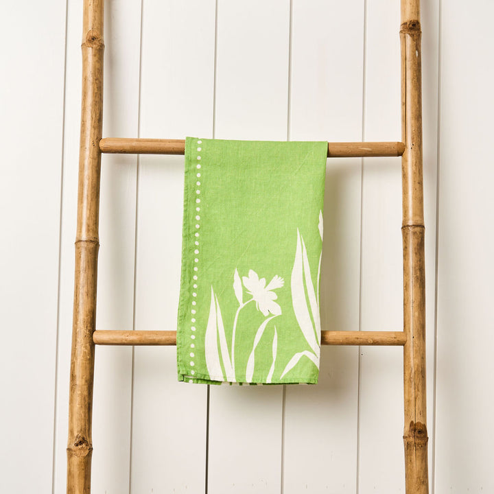 Tea Towel - Pure Linen - Daffodil Silhouette Green - Vibrant Kitchen Textile