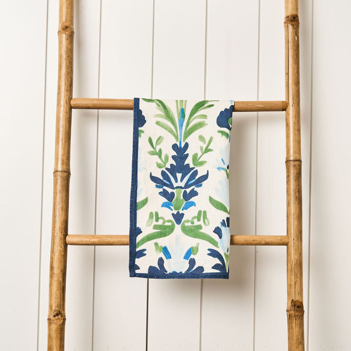 Tea Towel - Pure Linen - Preppy Damask Blue & Green - Vibrant Kitchen Textile