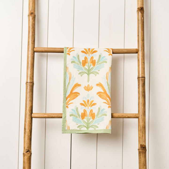 Tea Towel - Pure Linen - Preppy Damask Orange & Green - Vibrant Kitchen Textile